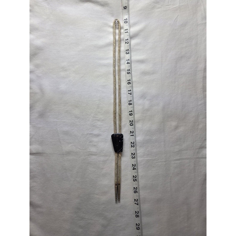 Men's Silver Black Agate Bolo Tie Asymmetrical Black Stone Cord Metal 27in